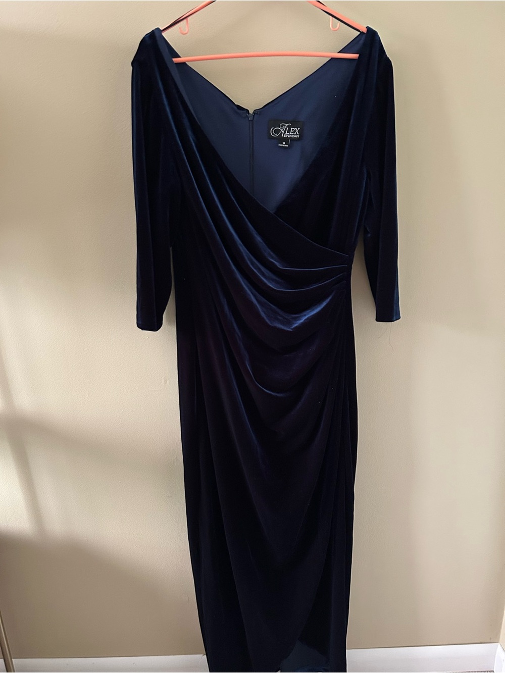 Alex Evenings Navy Velvet Draped Long-Sleeve Evening Gown